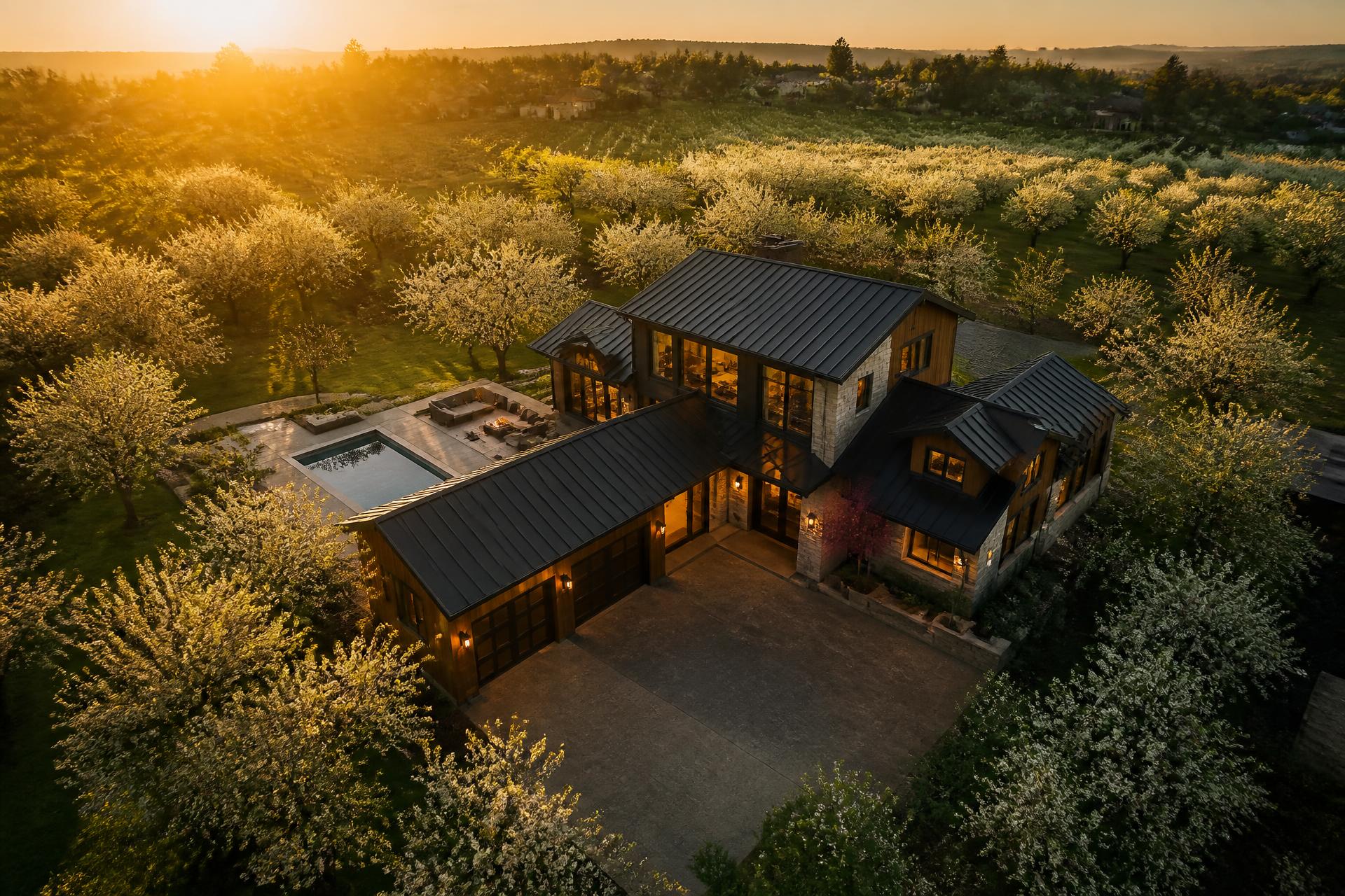 Aerial view of a home set within blooming orchards