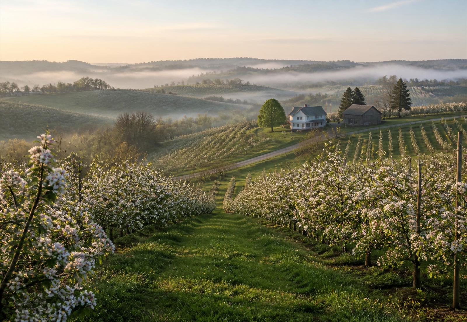 Rolling orchard hills at dawn